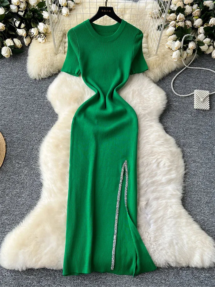 SINGREINY Senior Luxury Slim Dress Ladies O-Neck Bodycon Sequins Split Chic Design Summer Fashion Knitted Women Sexy Midi Dress