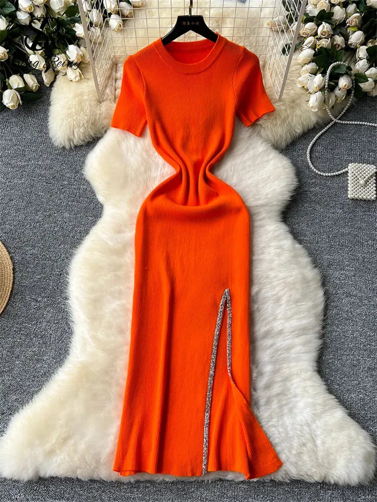 SINGREINY Senior Luxury Slim Dress Ladies O-Neck Bodycon Sequins Split Chic Design Summer Fashion Knitted Women Sexy Midi Dress