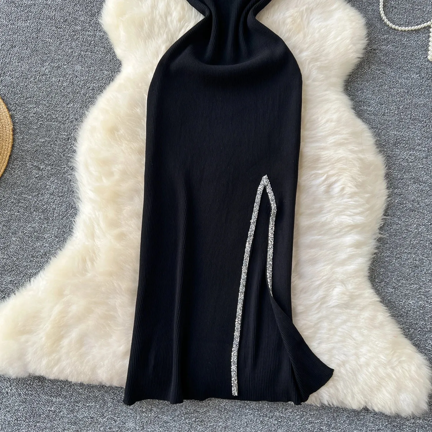 SINGREINY Senior Luxury Slim Dress Ladies O-Neck Bodycon Sequins Split Chic Design Summer Fashion Knitted Women Sexy Midi Dress