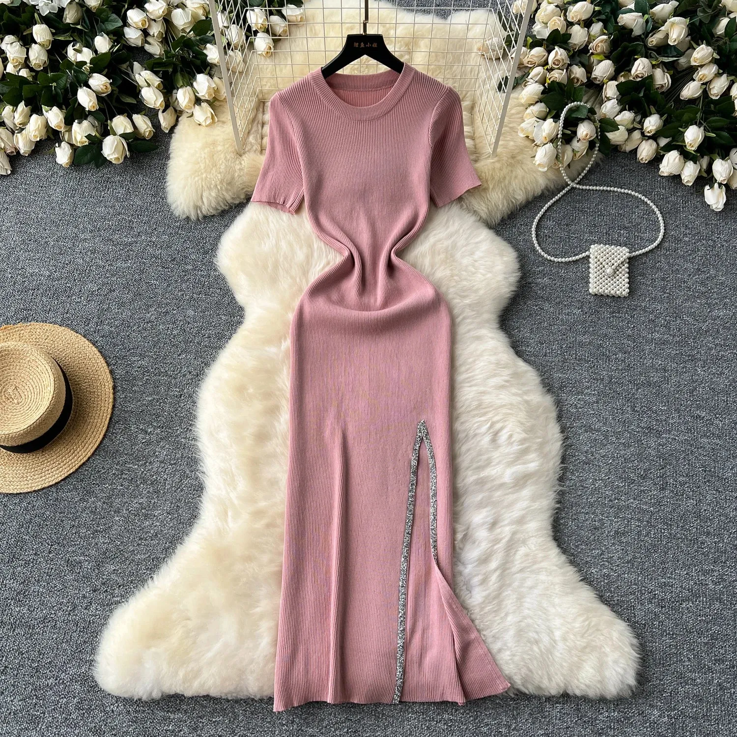 SINGREINY Senior Luxury Slim Dress Ladies O-Neck Bodycon Sequins Split Chic Design Summer Fashion Knitted Women Sexy Midi Dress