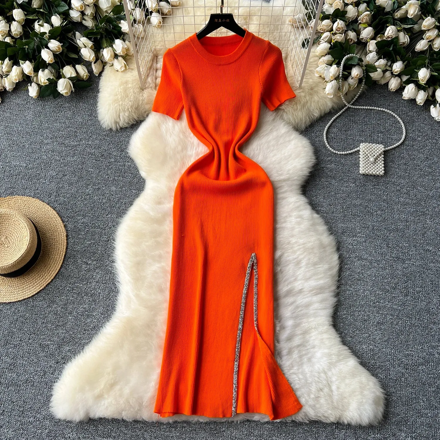 SINGREINY Senior Luxury Slim Dress Ladies O-Neck Bodycon Sequins Split Chic Design Summer Fashion Knitted Women Sexy Midi Dress