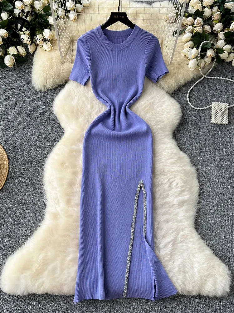 SINGREINY Senior Luxury Slim Dress Ladies O-Neck Bodycon Sequins Split Chic Design Summer Fashion Knitted Women Sexy Midi Dress