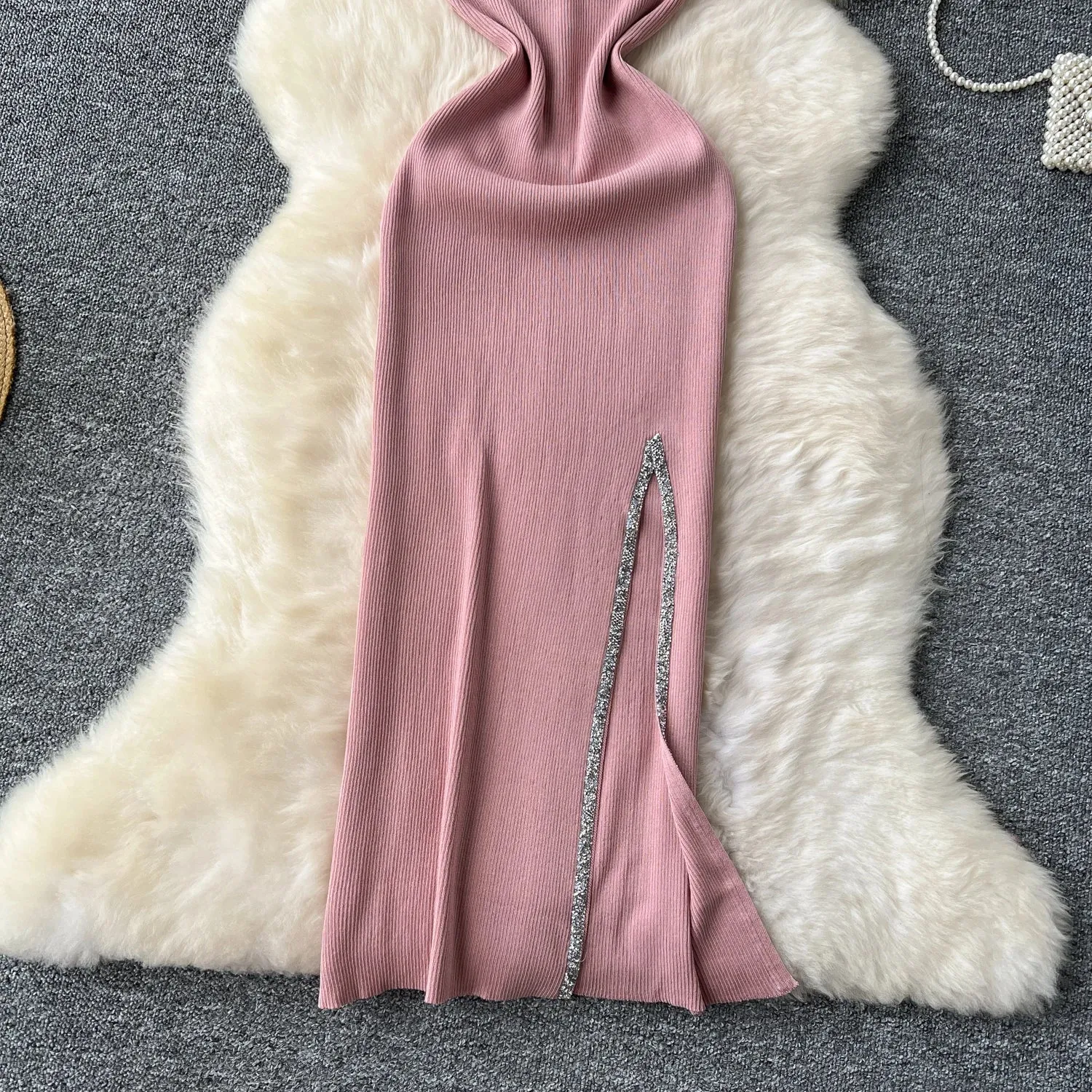 SINGREINY Senior Luxury Slim Dress Ladies O-Neck Bodycon Sequins Split Chic Design Summer Fashion Knitted Women Sexy Midi Dress