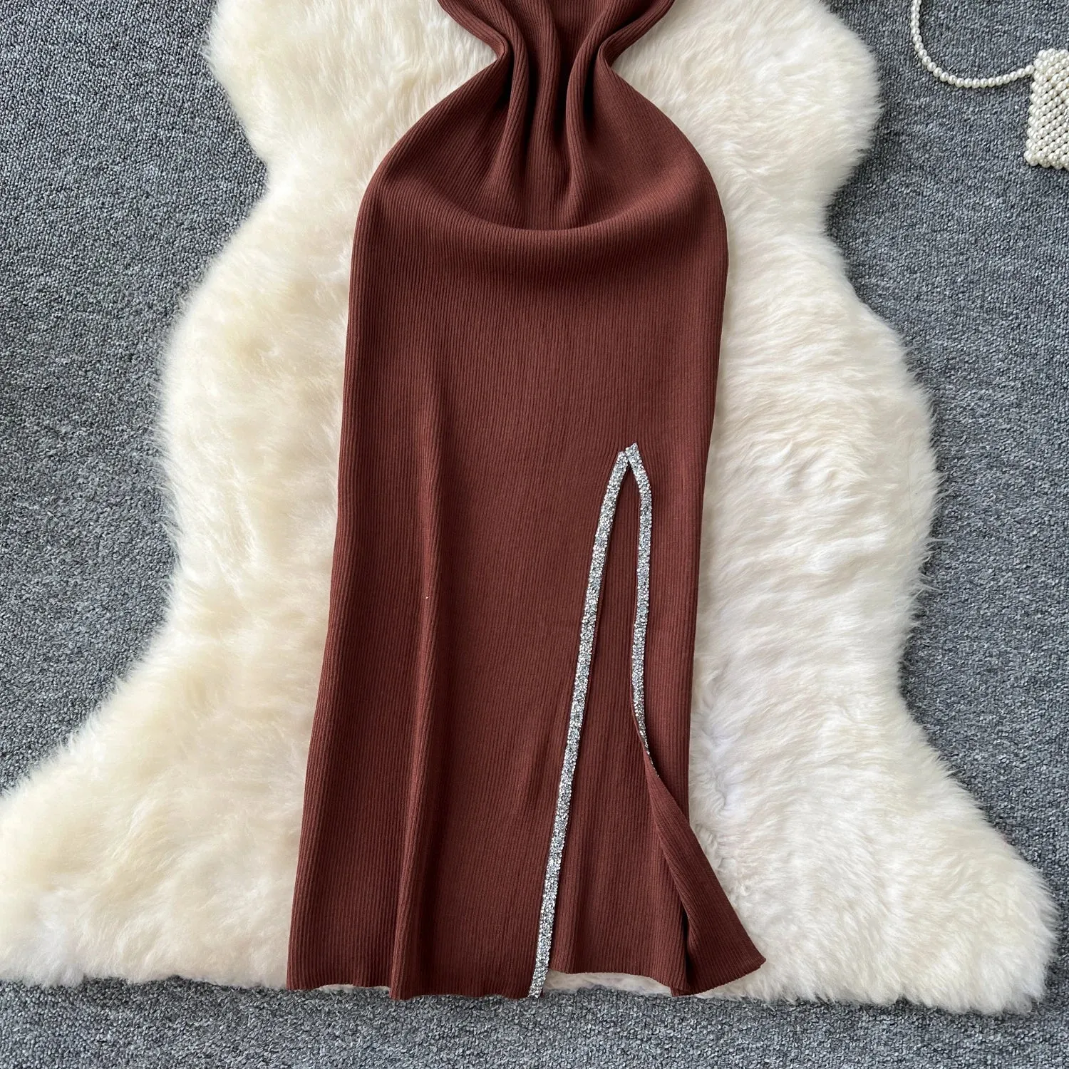 SINGREINY Senior Luxury Slim Dress Ladies O-Neck Bodycon Sequins Split Chic Design Summer Fashion Knitted Women Sexy Midi Dress