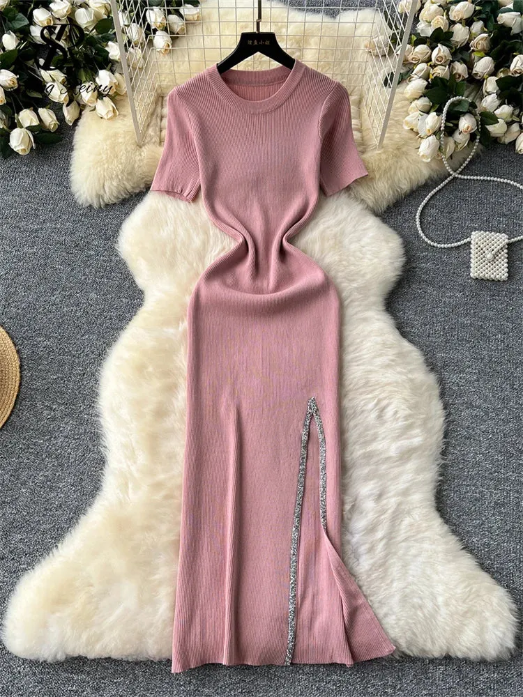 SINGREINY Senior Luxury Slim Dress Ladies O-Neck Bodycon Sequins Split Chic Design Summer Fashion Knitted Women Sexy Midi Dress