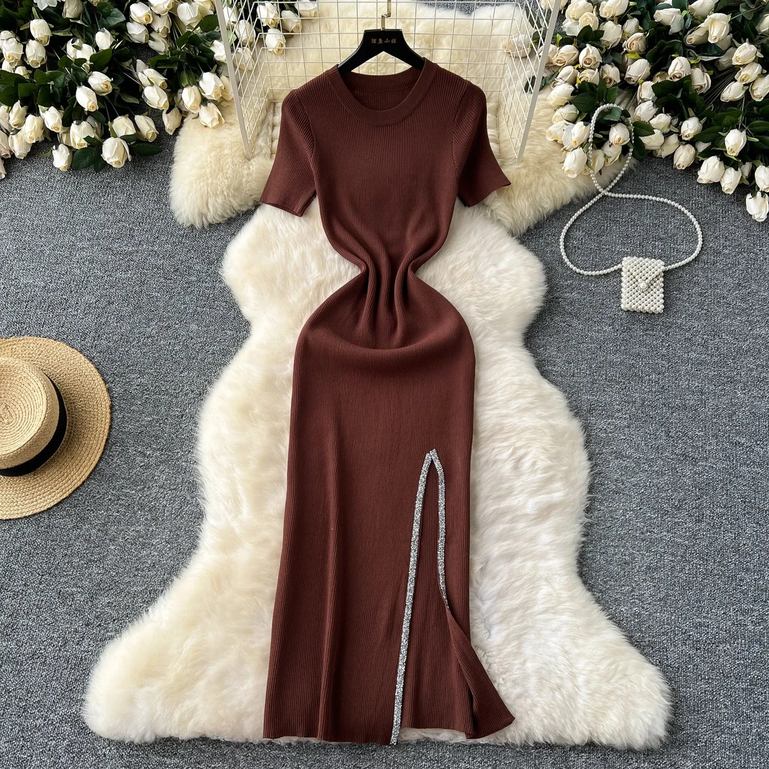 SINGREINY Senior Luxury Slim Dress Ladies O-Neck Bodycon Sequins Split Chic Design Summer Fashion Knitted Women Sexy Midi Dress