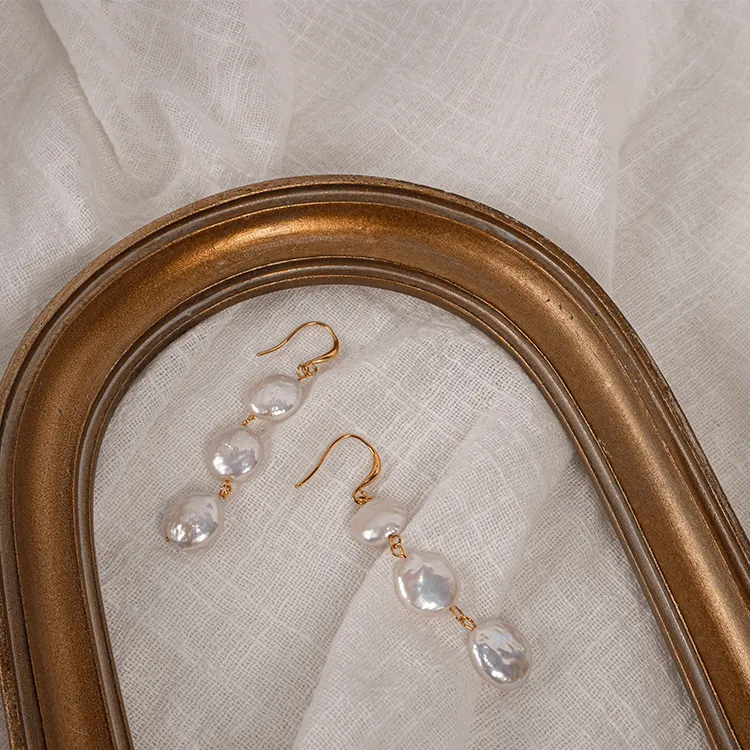 Three Button Baroque Pearl Earrings
