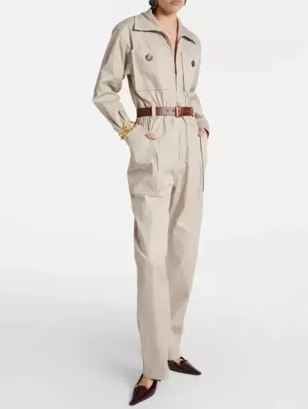 Women’s Belted Beige Cotton Cargo Jumpsuit