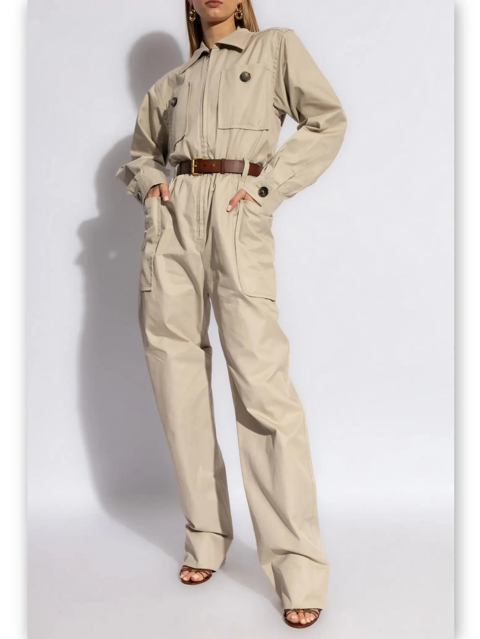 Women’s Belted Beige Cotton Cargo Jumpsuit