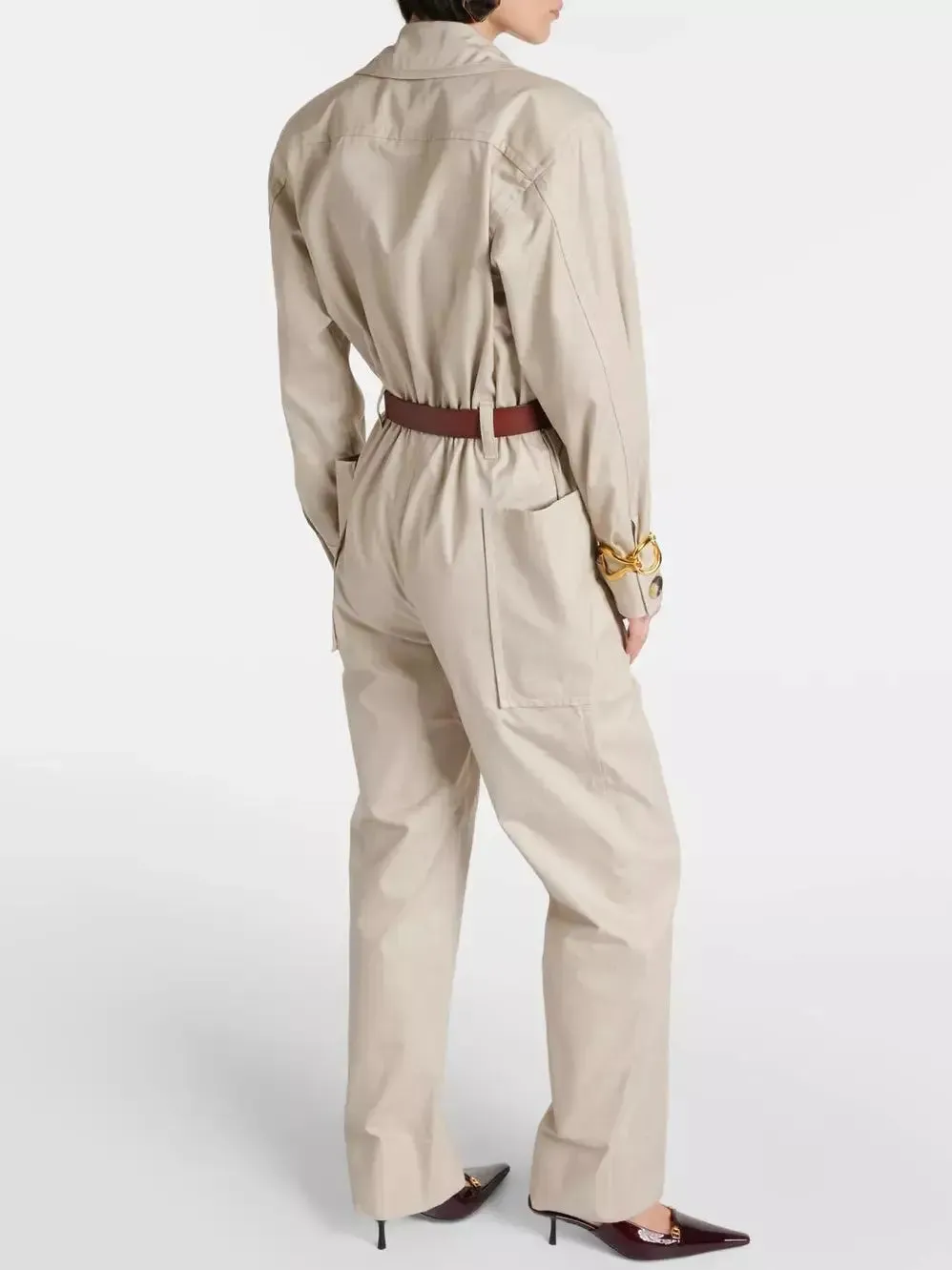 Women’s Belted Beige Cotton Cargo Jumpsuit