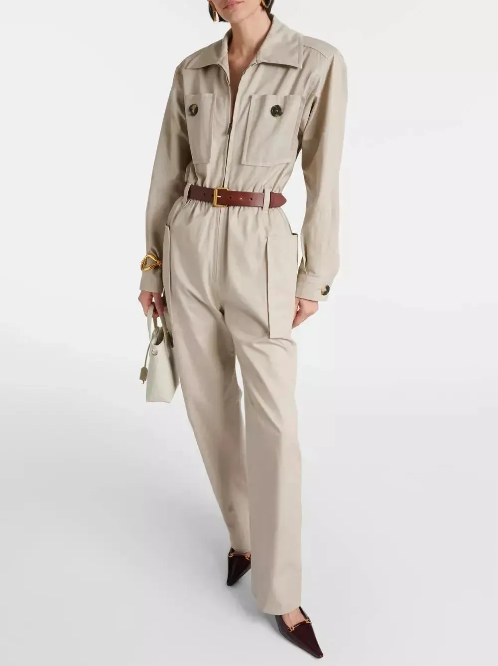Women’s Belted Beige Cotton Cargo Jumpsuit