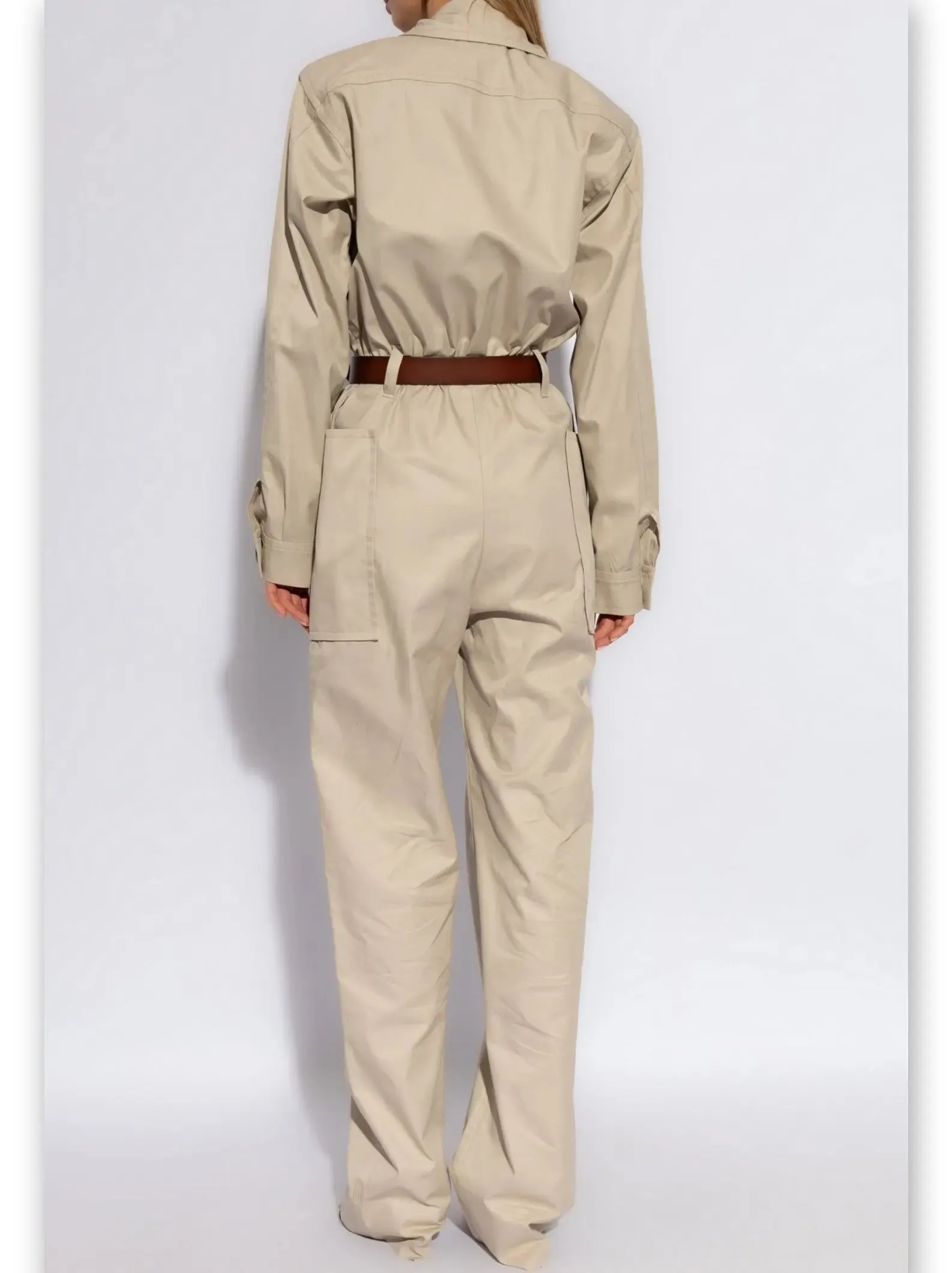 Women’s Belted Beige Cotton Cargo Jumpsuit