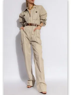 Women’s Belted Beige Cotton Cargo Jumpsuit