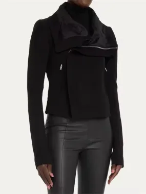 Women’s Black Draped-Collar Biker Jacket