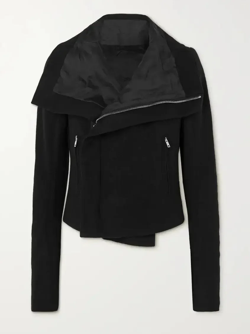 Women’s Black Draped-Collar Biker Jacket