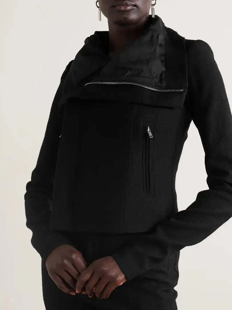 Women’s Black Draped-Collar Biker Jacket