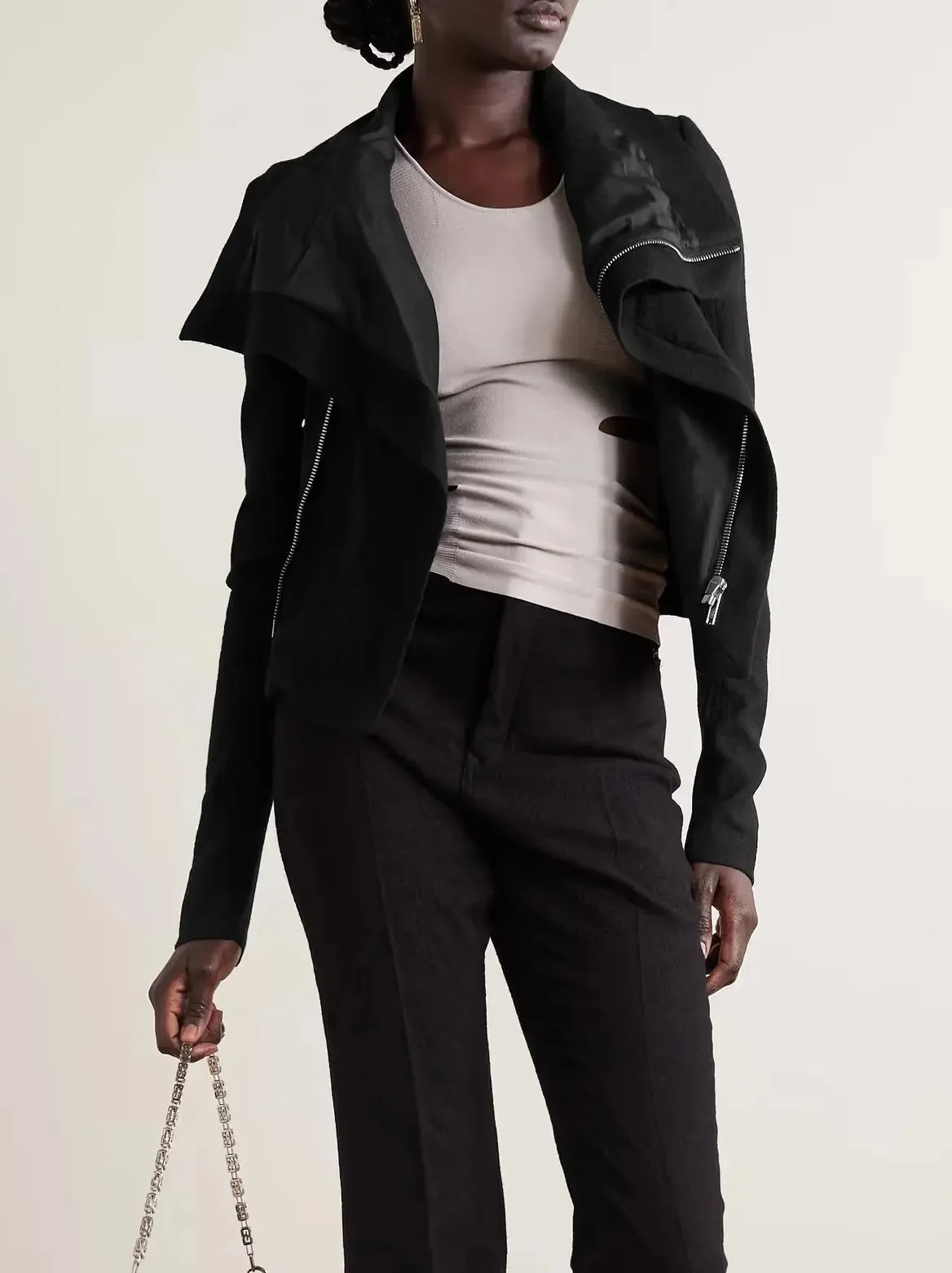 Women’s Black Draped-Collar Biker Jacket